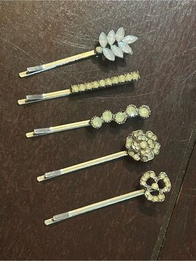 Vintage Opal-Accent Silver Hair Pin Set of 5 - Sparkling White Stones